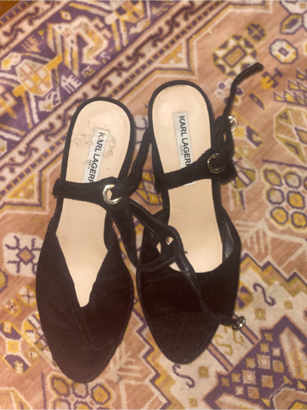 Karl Lagerfeld Black Suede T-Strap Slingback Heels size 9 or 8.5 US women’s